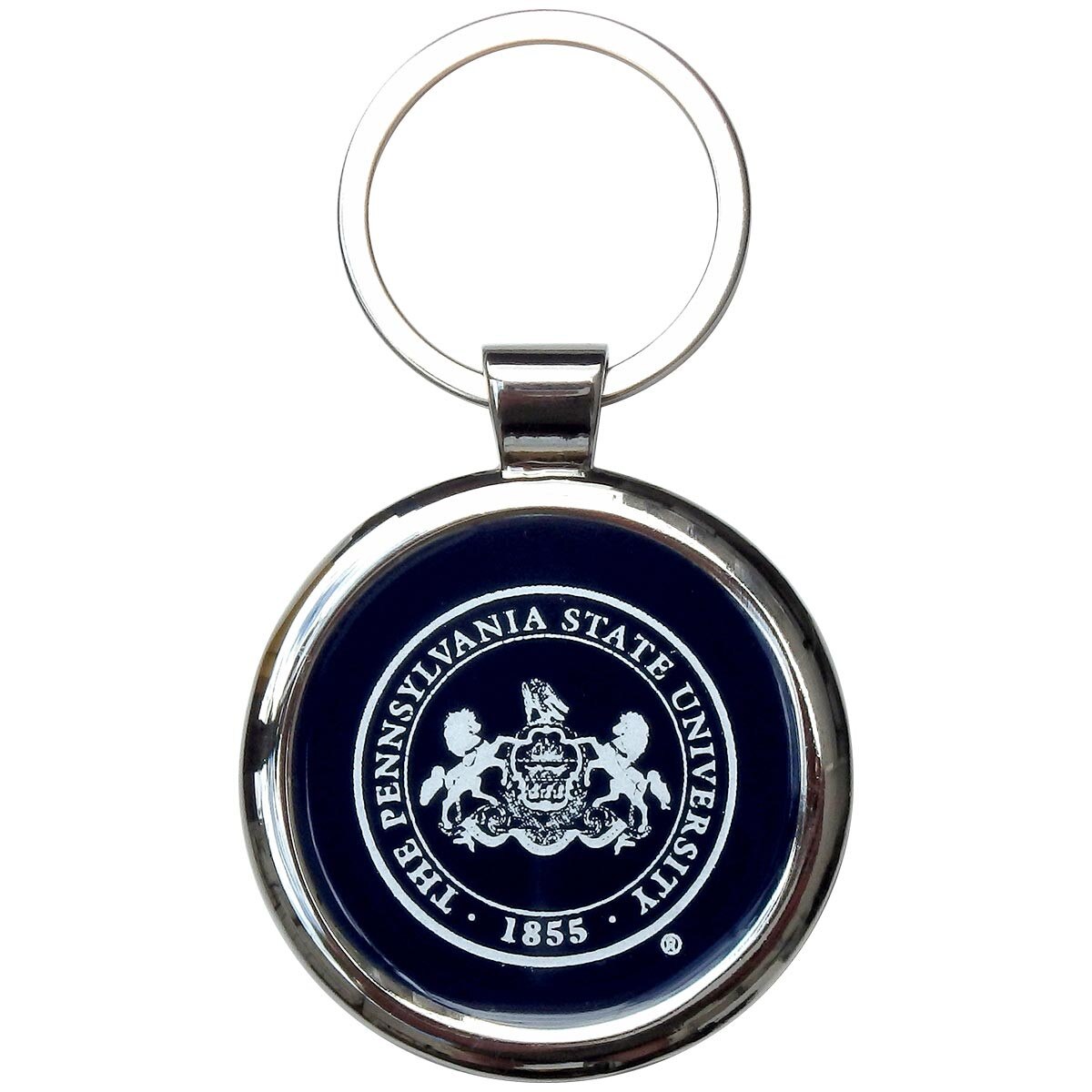 polished silver and enamel round keychain with The Pennsylvania State University Seal